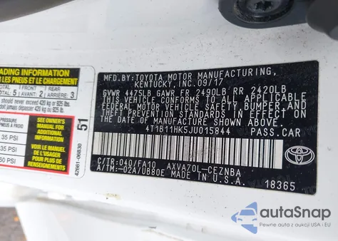 2018 Toyota Camry Le z USA, uszkodzony, nr VIN 4T1B11HK5JU015844